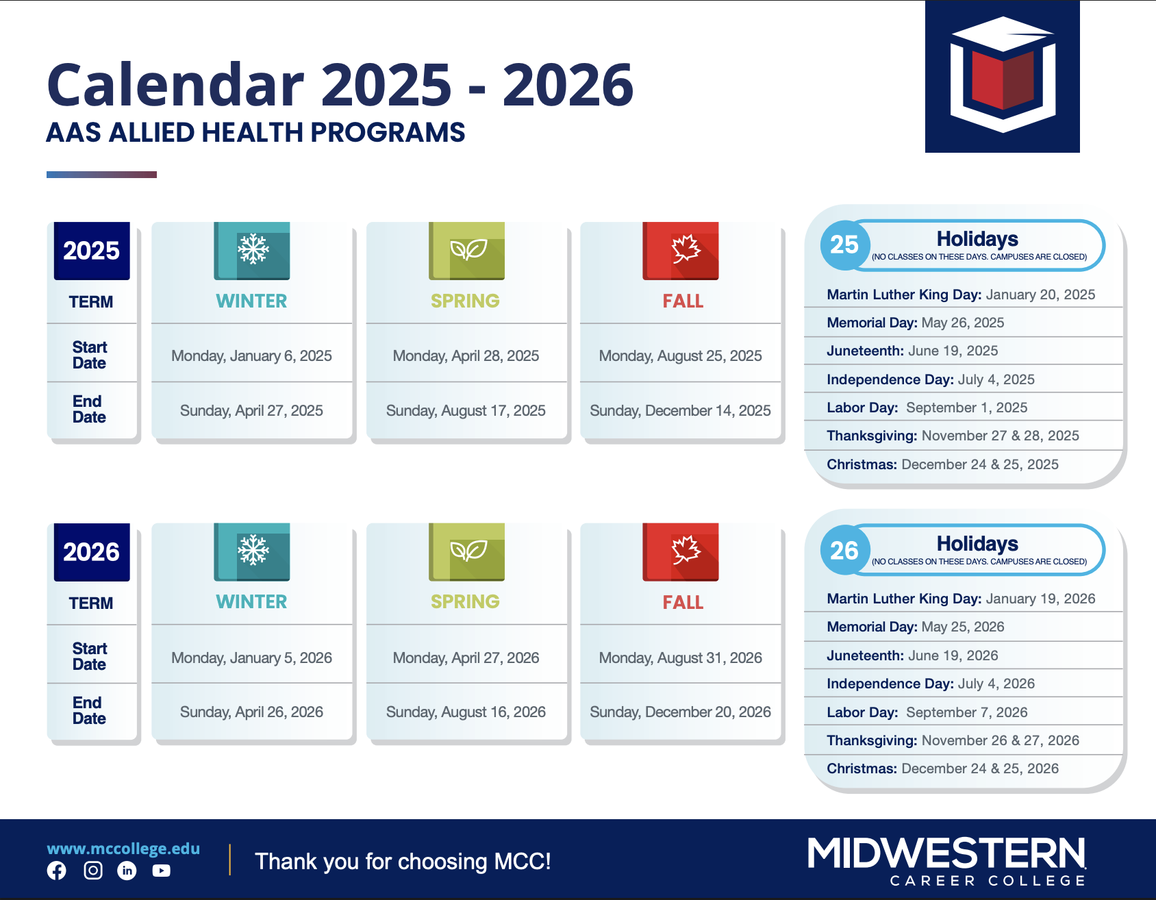 MCC Academic Calendar 2025–2026 for Allied Health programs – view or download the full academic schedule