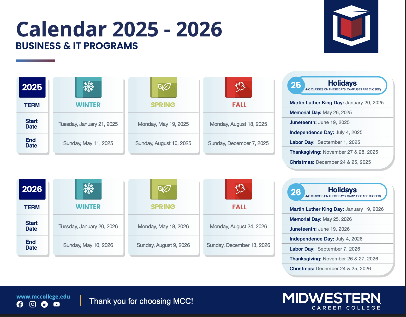 MCC Academic Calendar 2025–2026 for Business and IT programs – view or download the full academic schedule