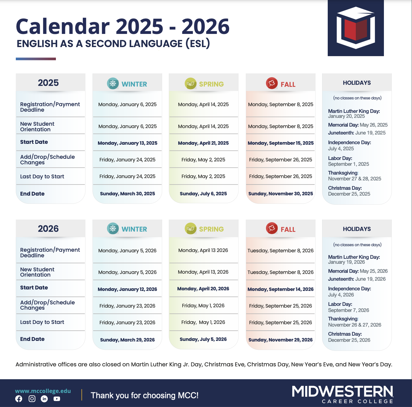 MCC ESL Academic Calendar 2025–2026 – view or download the full academic schedule for English as a Second Language programs